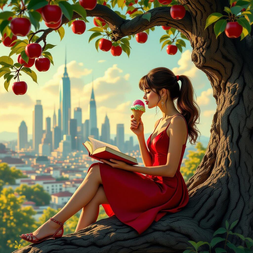 Girl Tastes Rainbow Ice Cream Under Apple Tree in Futuristic...