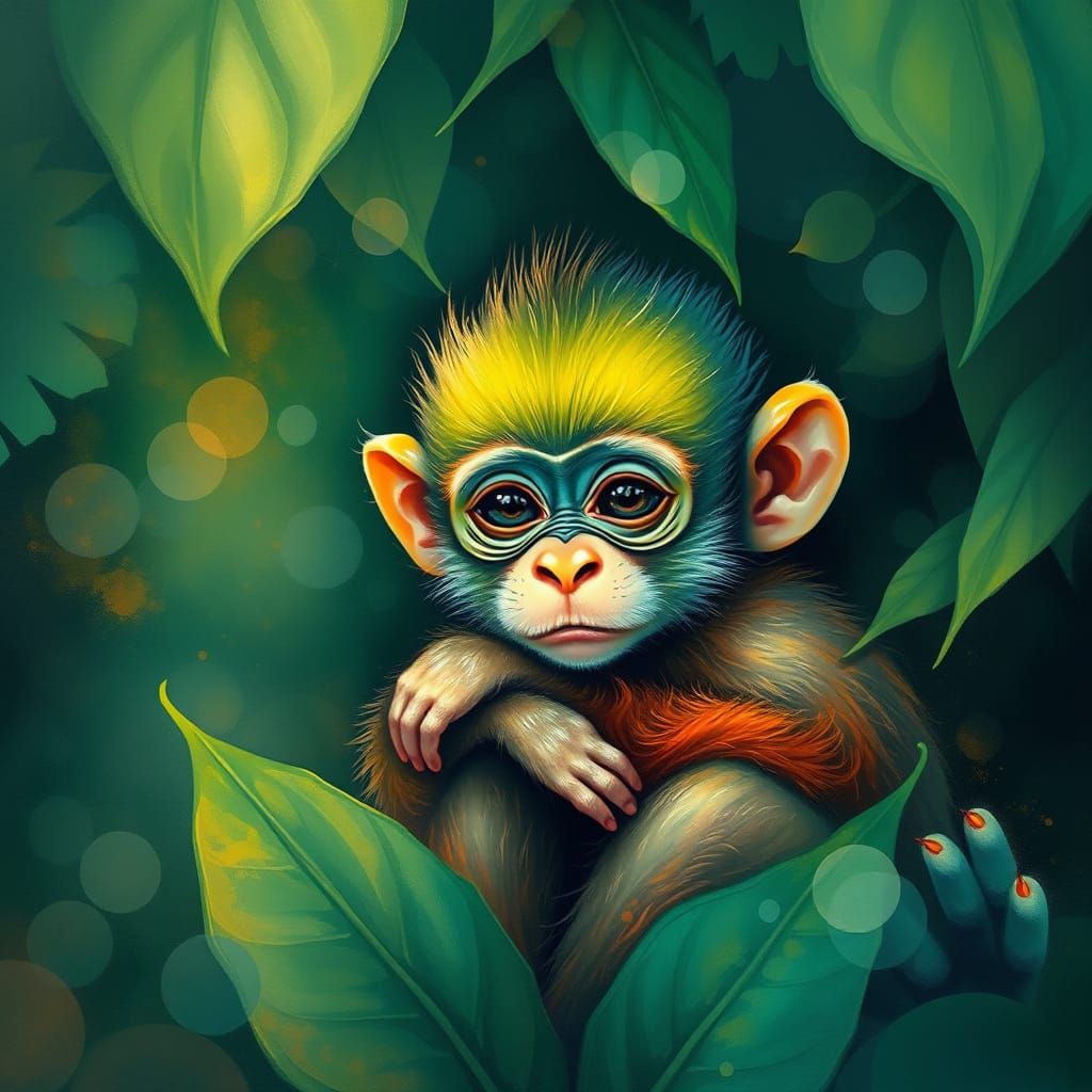 Dreamy Neon Monkey in Jungle Canopy