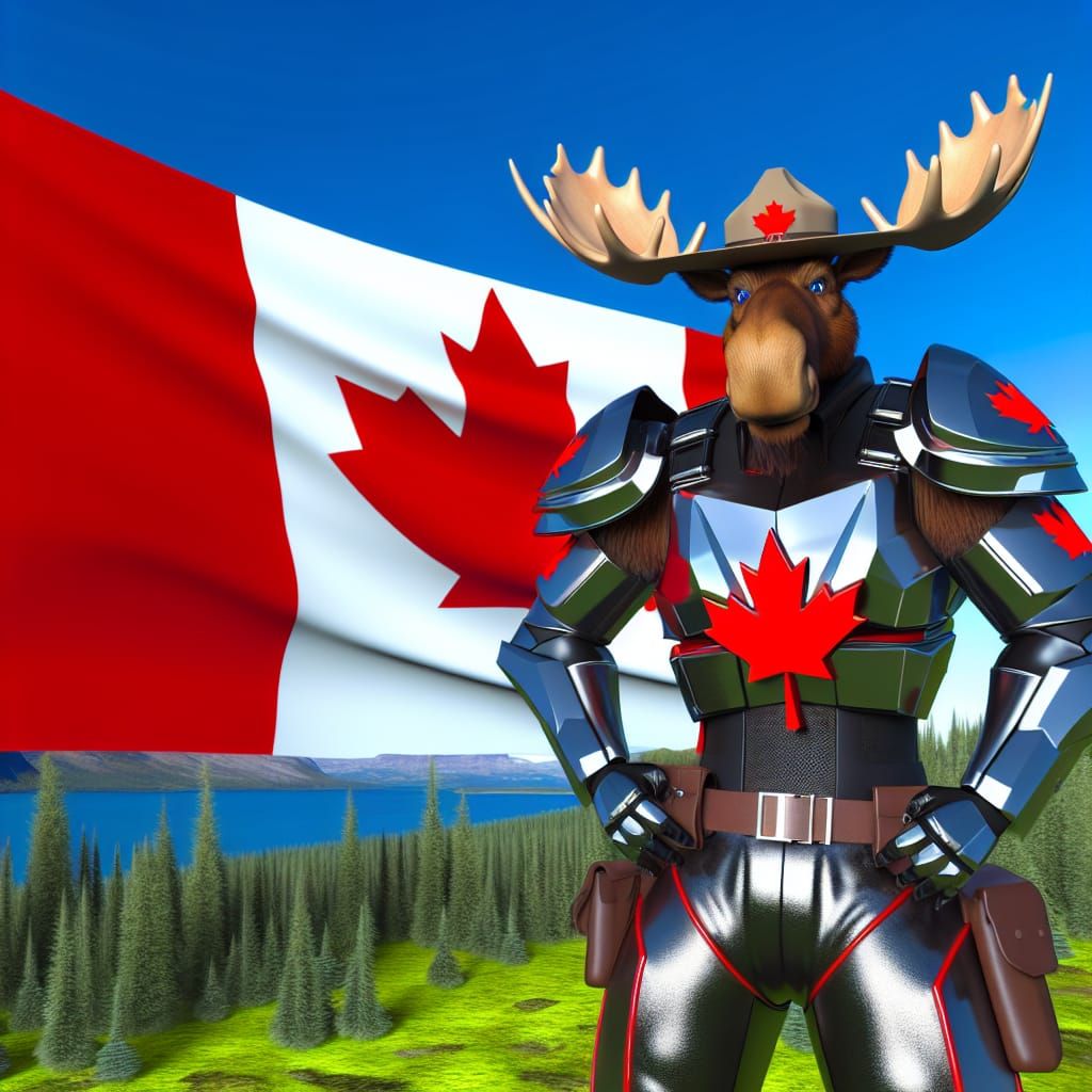 Futuristic RCMP Moose in Power Armor with Canadian Flag