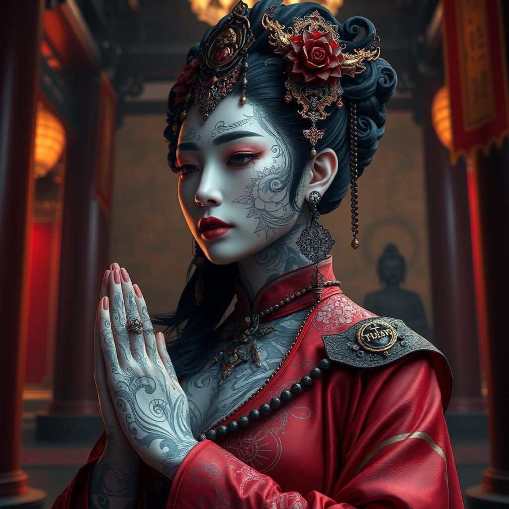 Steampunk Hanfu Woman Worships Buddha in Mystical Temple