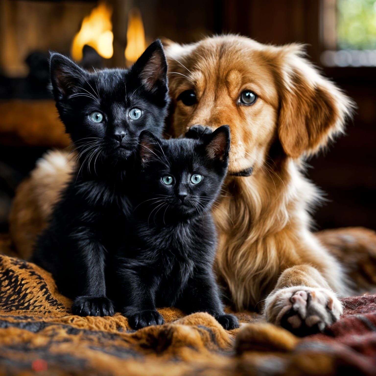 Kittens Pounce on Sleeping Golden Retriever in Rustic Cabin