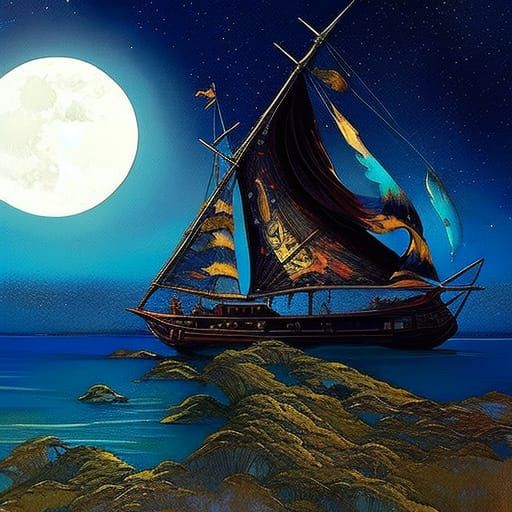 Galleon and Moon in Abstract Expressionist Style