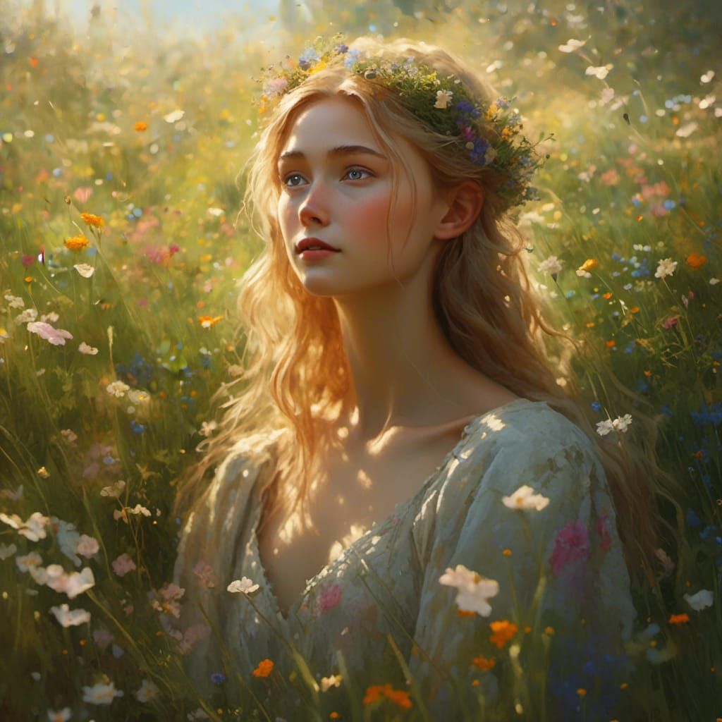Elf Woman in Lush Meadow Basking in Sunlight
