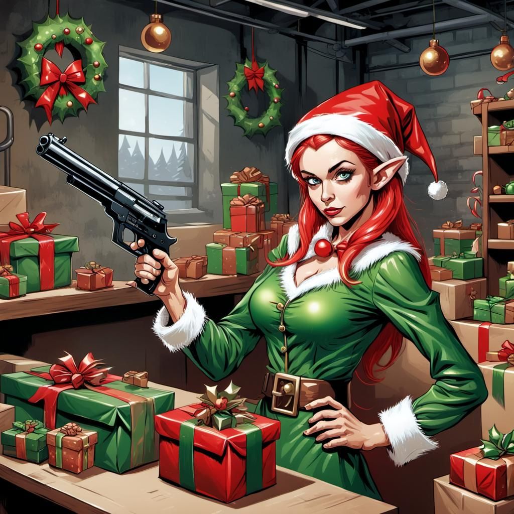 Christmas Elf Wrapping Guns as Gifts, Comic Book Art