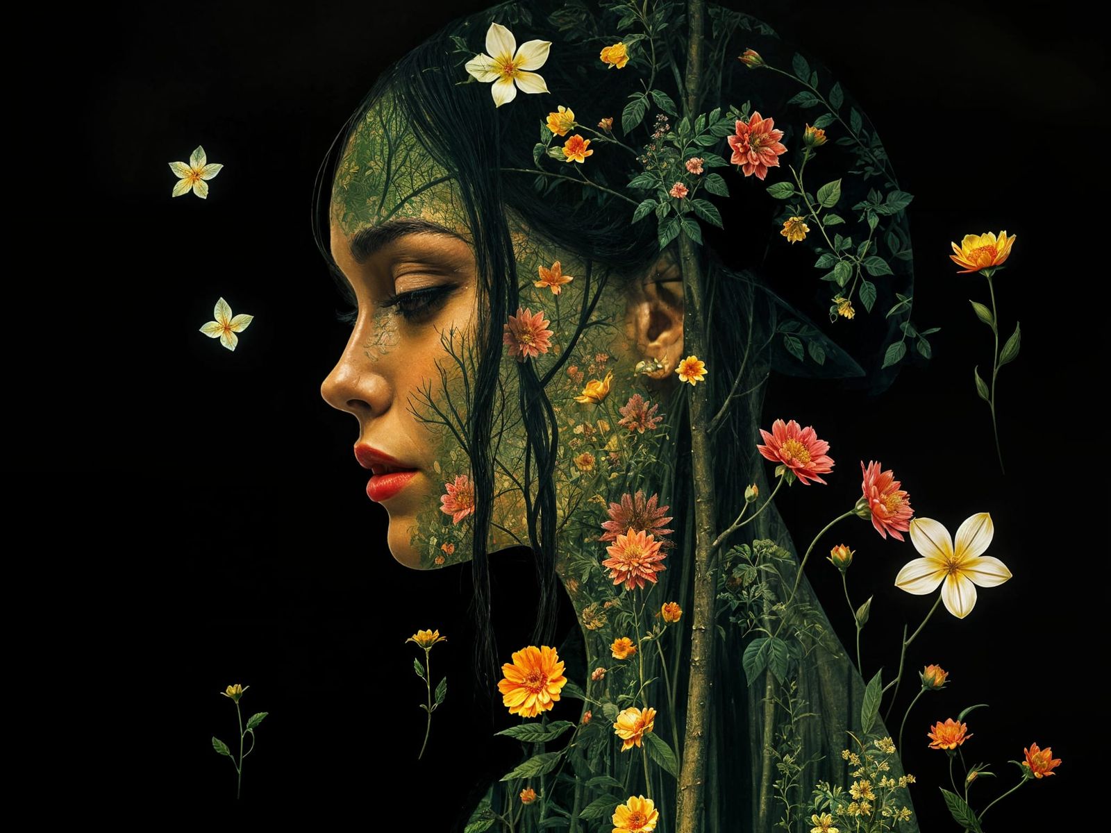Ethereal Portrait of a Woman in a Floral Forest