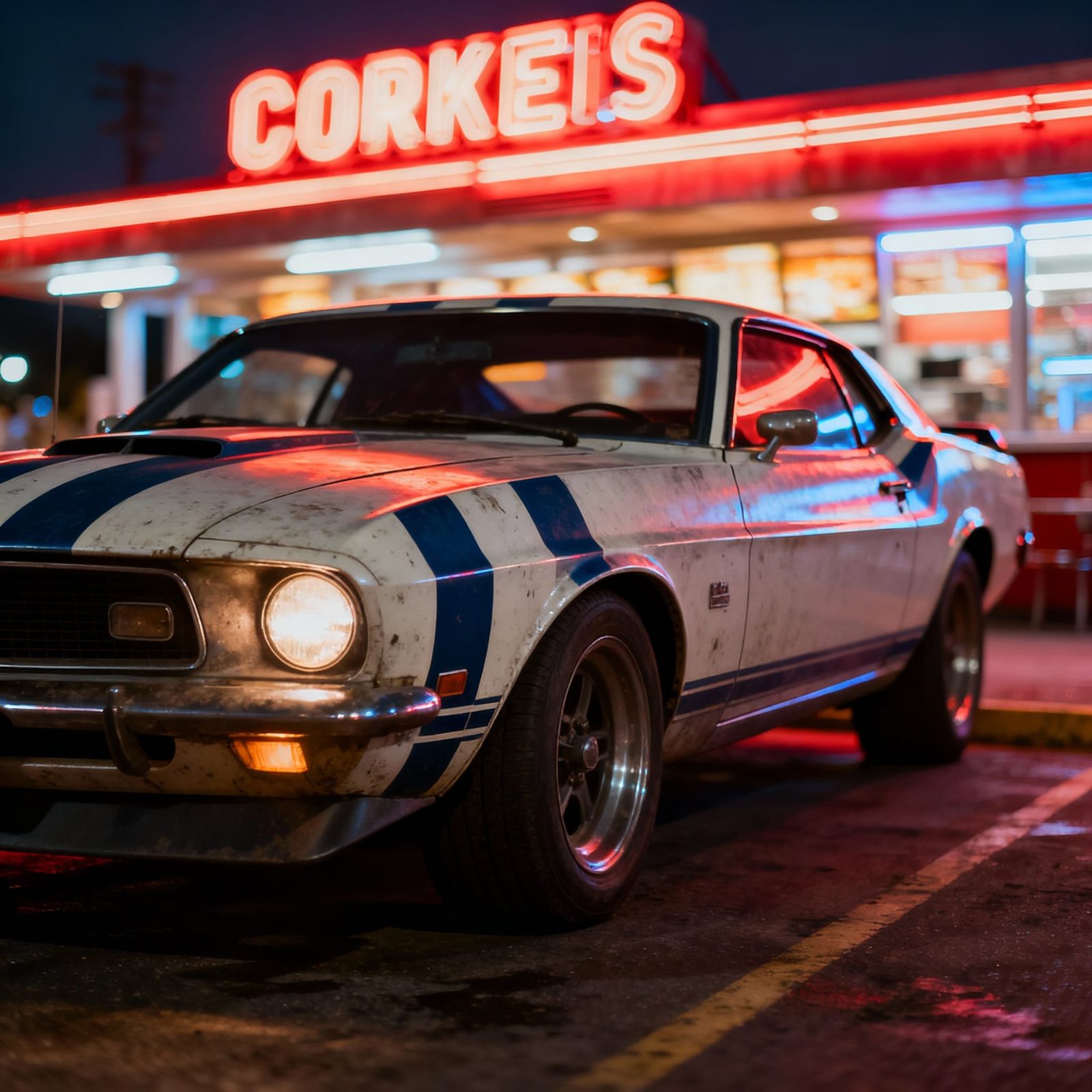 Neon Diner Muscle Car in Photorealistic Style