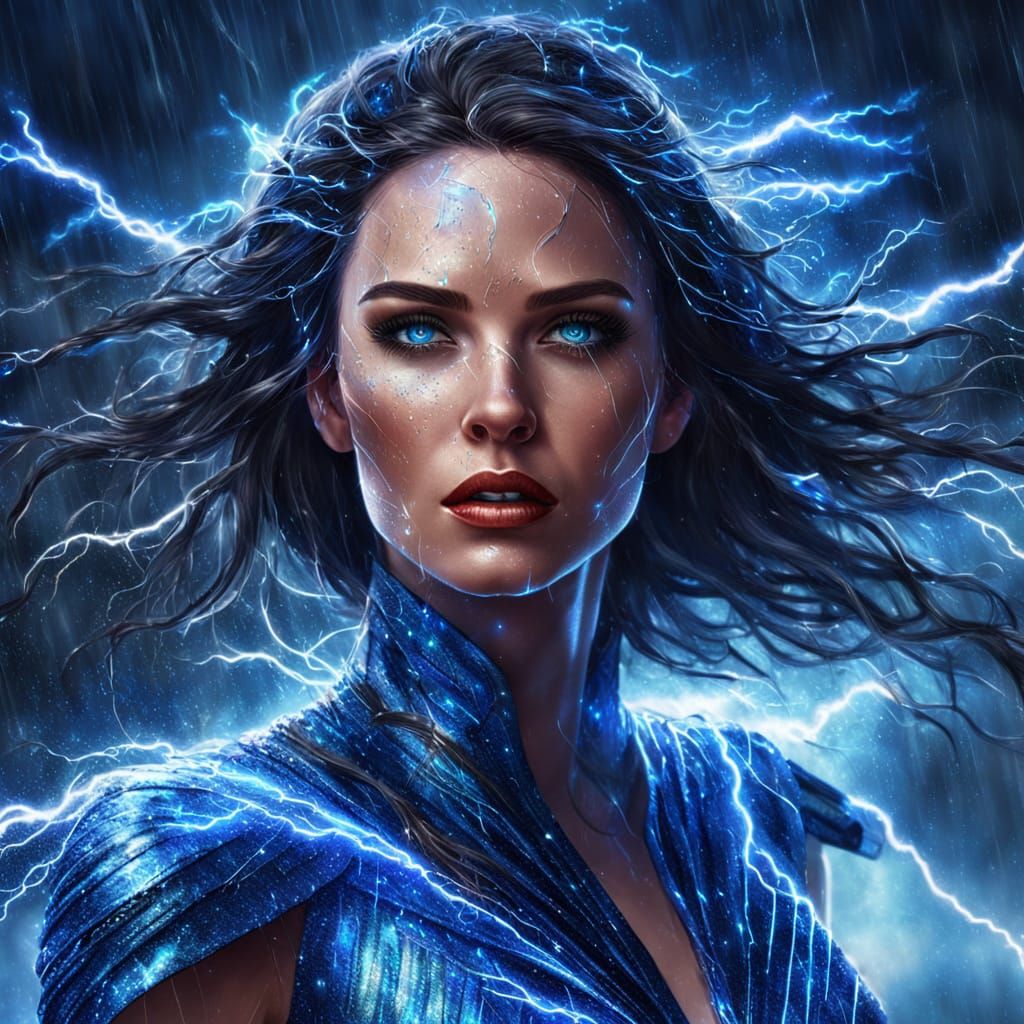 Electrifying Fantasy Woman in a Stormy Sky