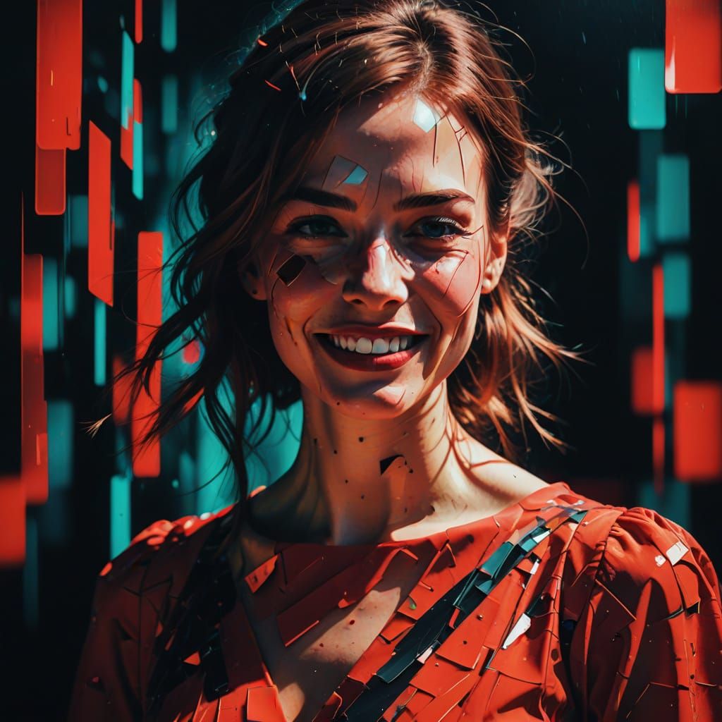 Glitch Art Portrait of Woman with Digital Distortion