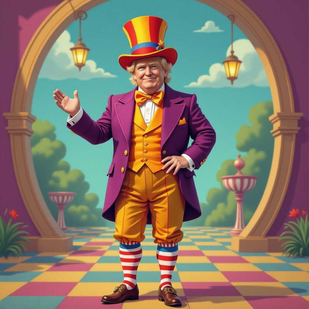 Trump as Oompa Loompa in Wonka Factory, Whimsical Art