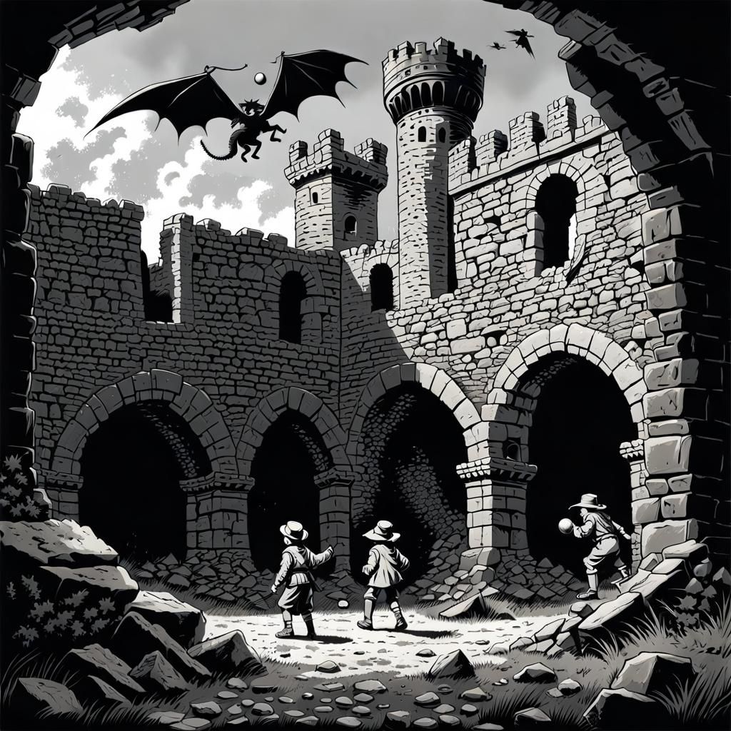 Monochrome Fantasy: Children Play Kickball in Castle Ruins