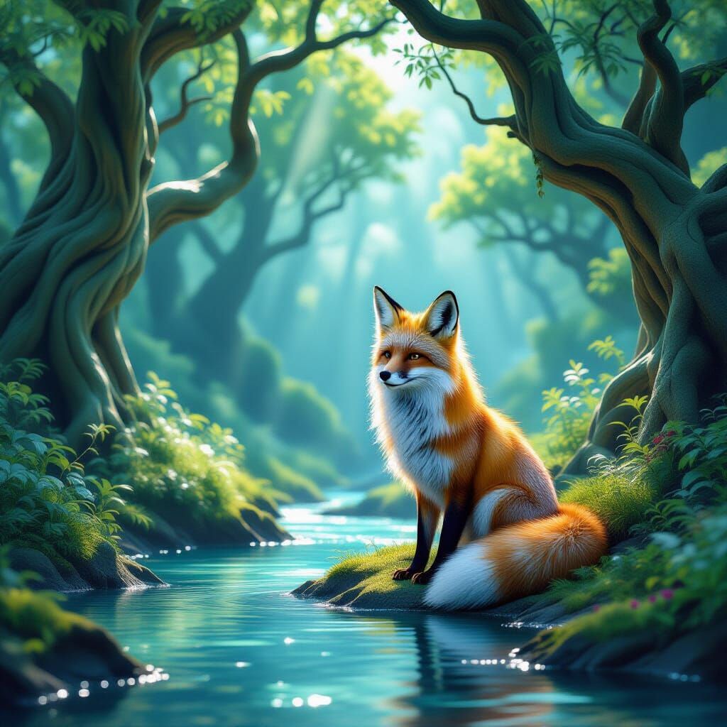 Iridescent Fox by Enchanted Stream in Ancient Grove