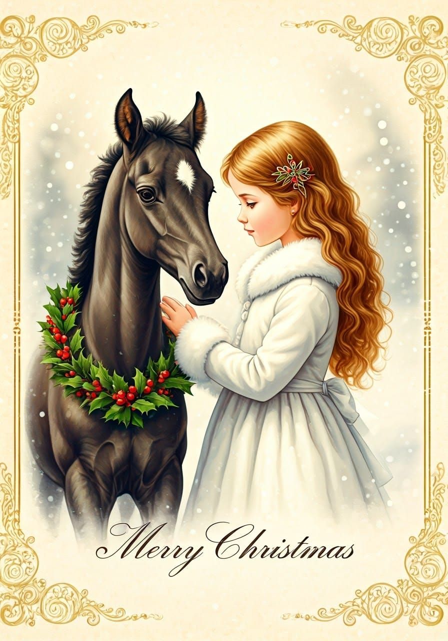 Little Girl and Foal in Christmassy Wonderland with Vintage...