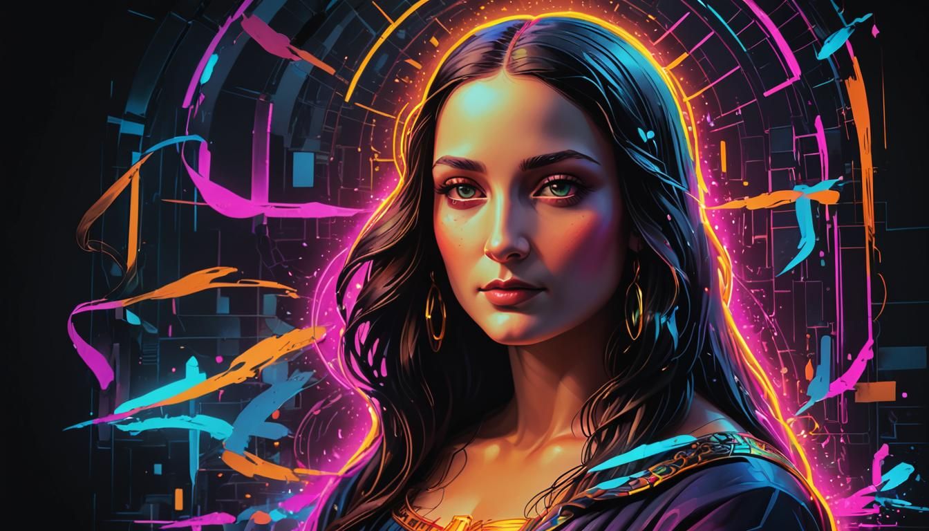 Neon Mona Lisa Portrait in Vivid Colors