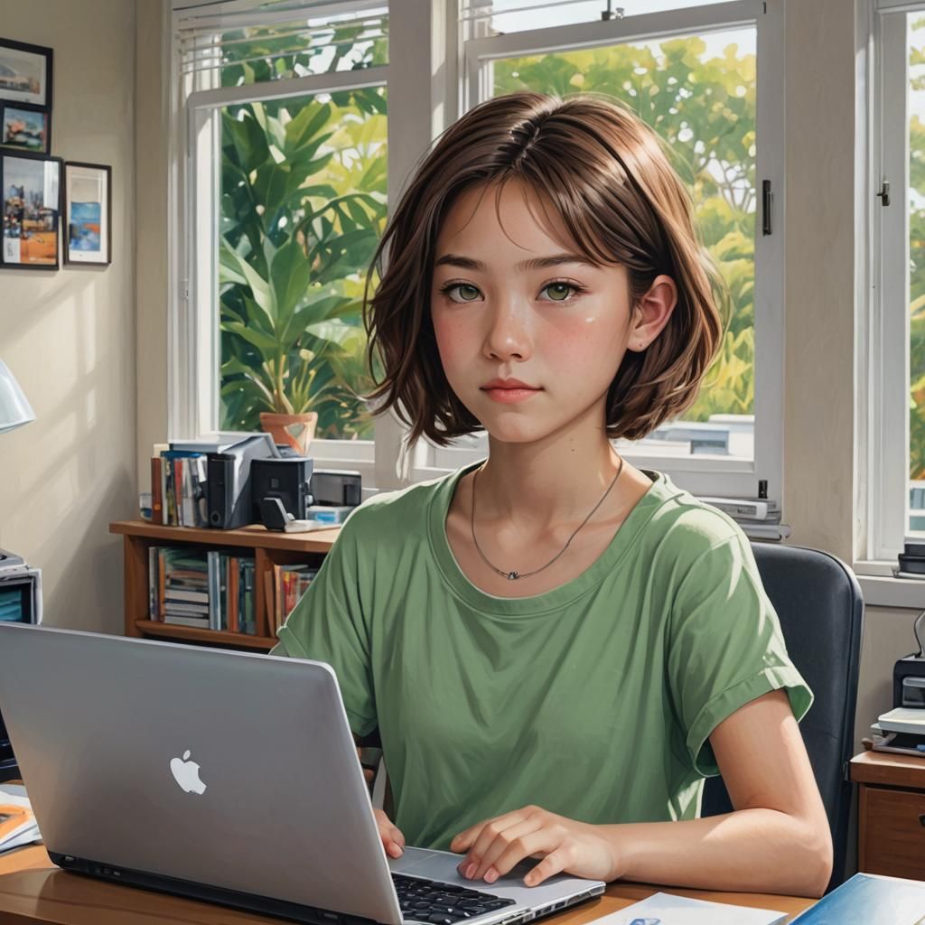 Girl with Silver Streak at Computer, Beach View