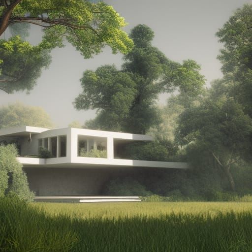 Modernist Stucco House in Landscape, Detailed Matte Painting
