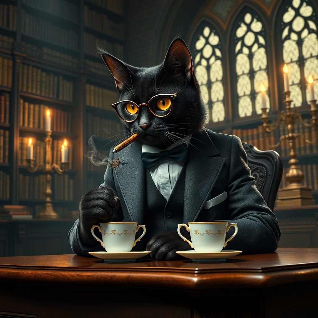Elegant Feline Scholar in Mystical Library