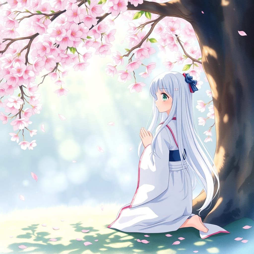 Anime Shrine Maiden Praying Under Cherry Blossom Tree