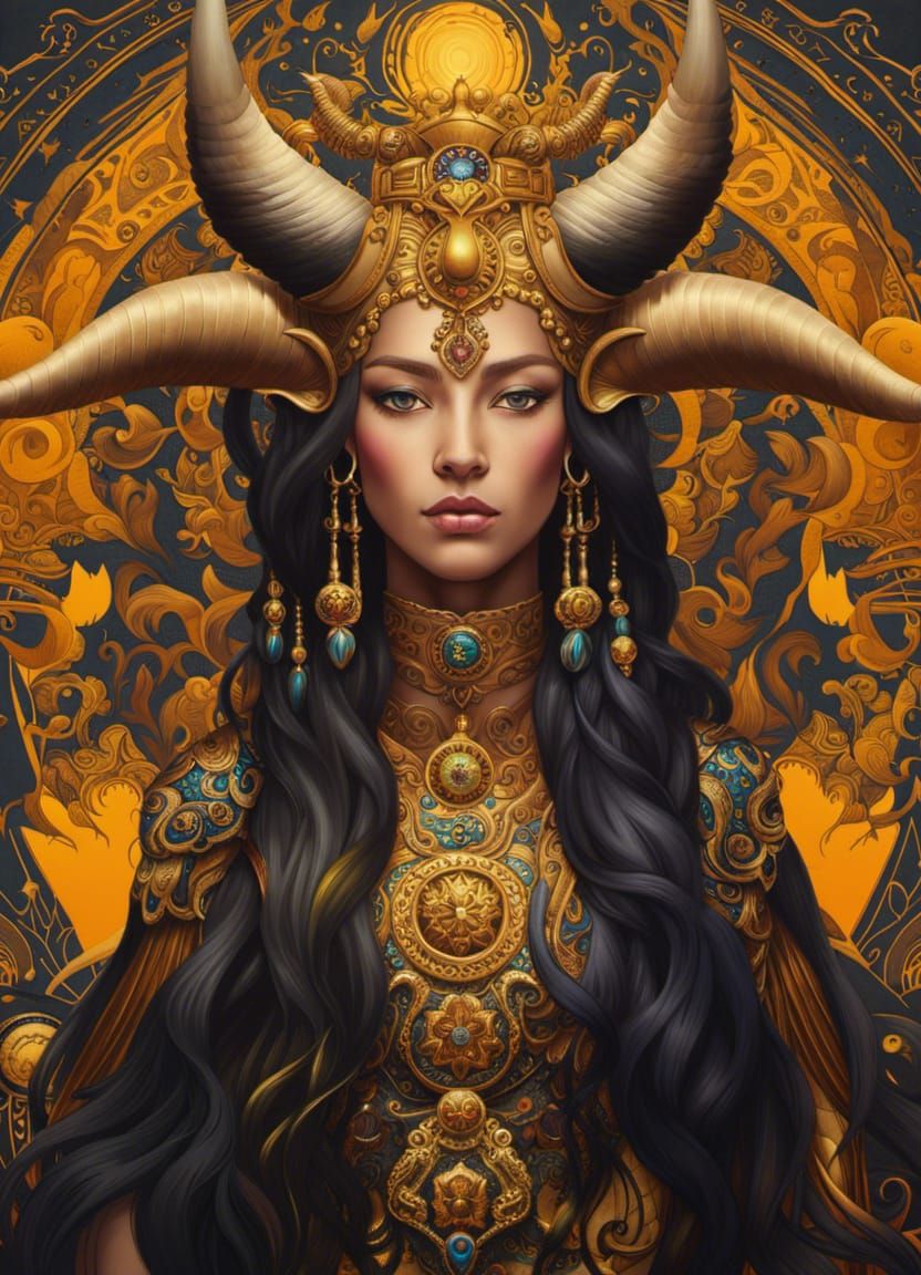 Young Taurus Queen with Horns in Digital Art Style