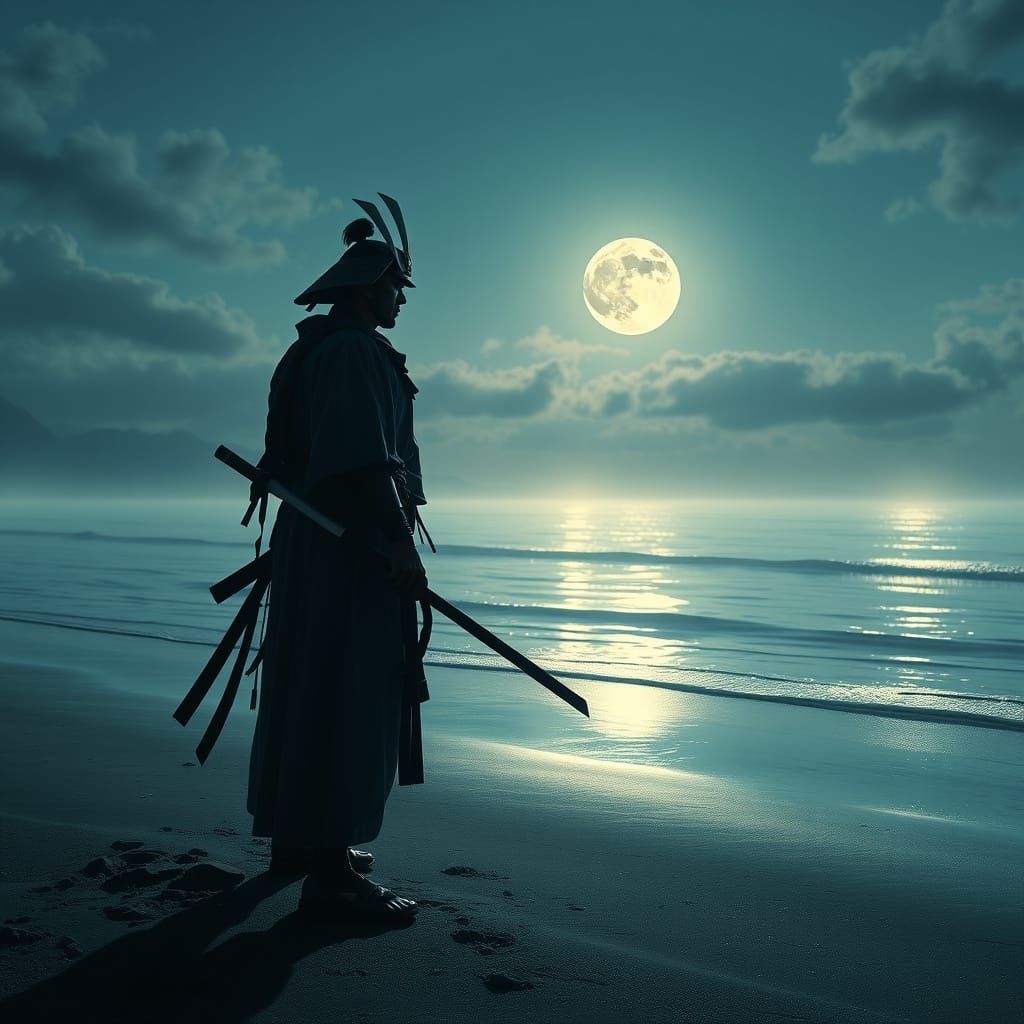 Lone Samurai Meditates on Windswept Beach in Digital Matte P...