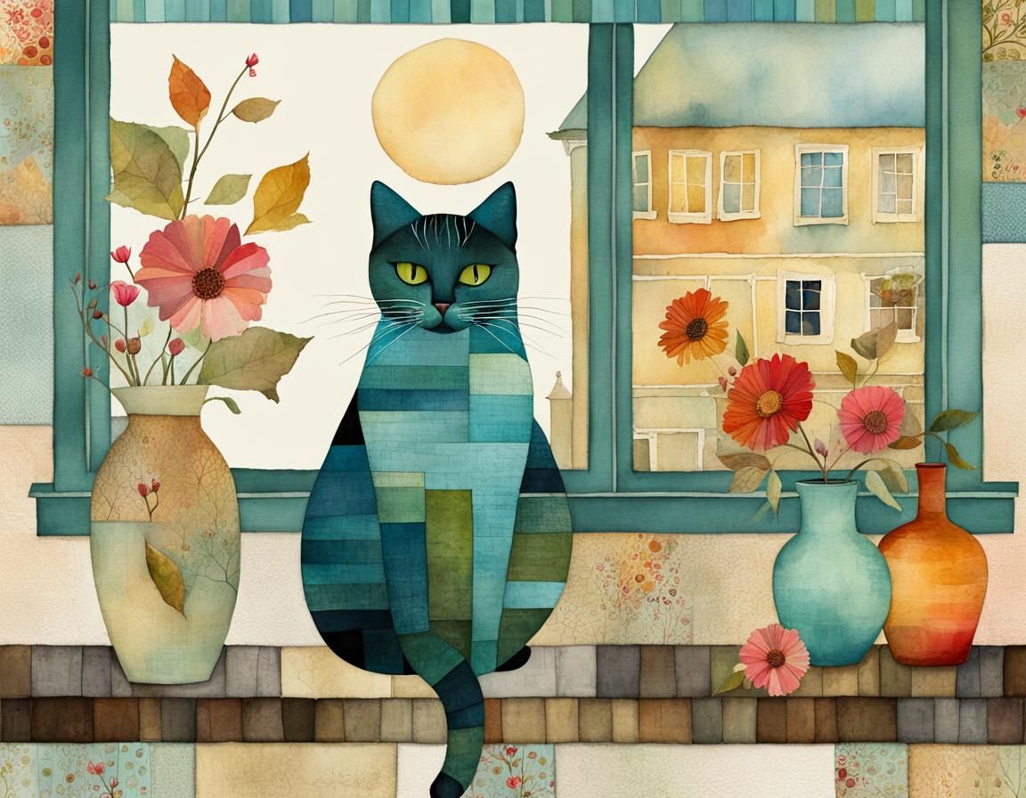 Cute Patchwork Cat Collage in Watercolor Style