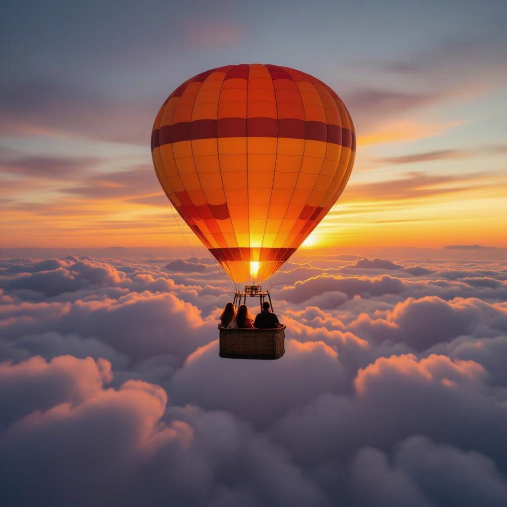Couple Soaring Through Orange Clouds in Hot Air Balloon