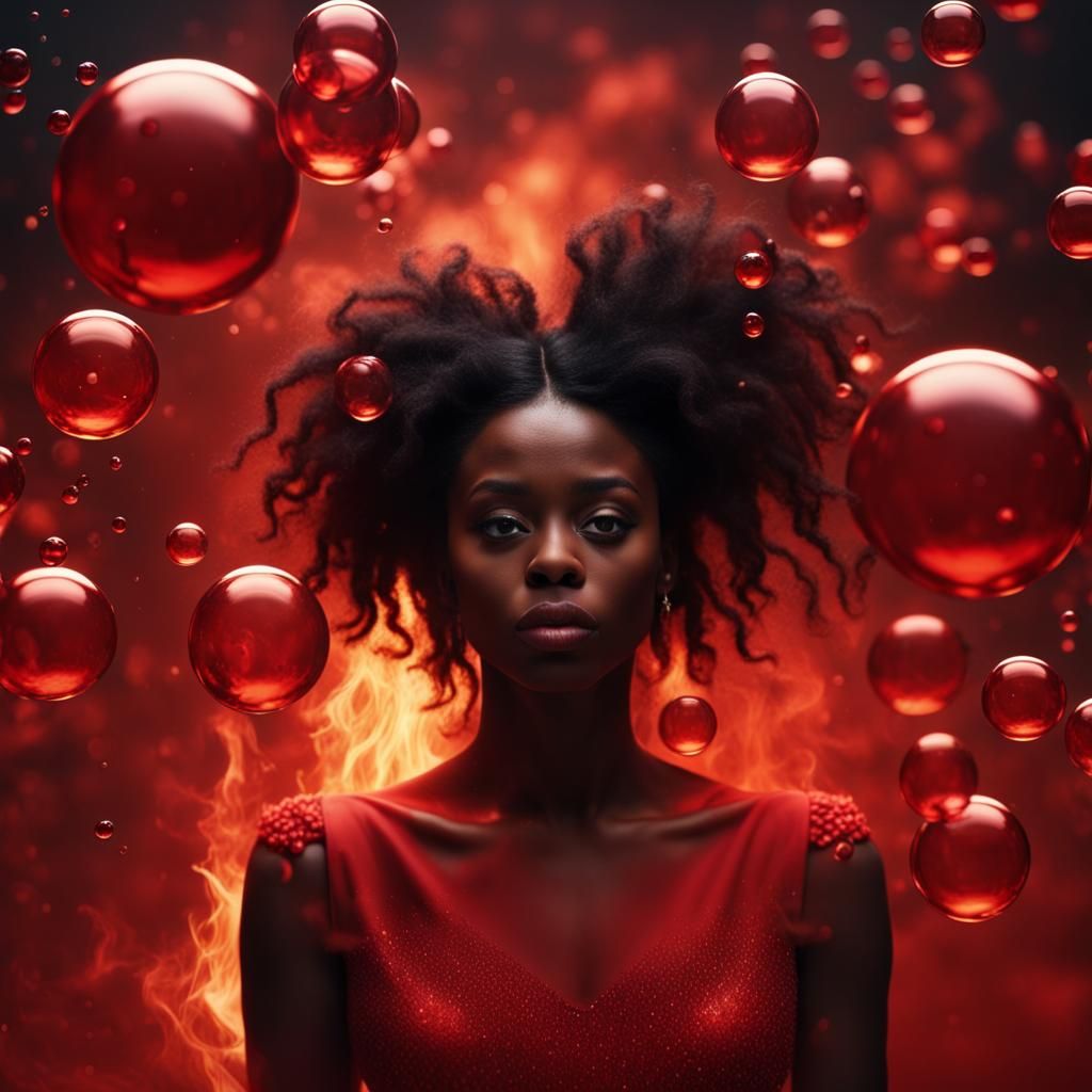 Dramatic Black Girl Portrait with Red Bubbles