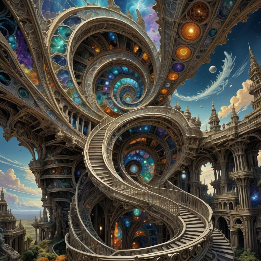 Fractal Mandelbulb Temple with Silver Spiral Stairway