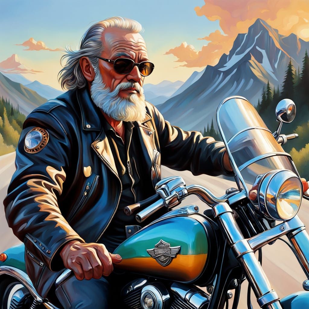Older Man Rides Motorcycle in Baroque-Realistic Oil Painting