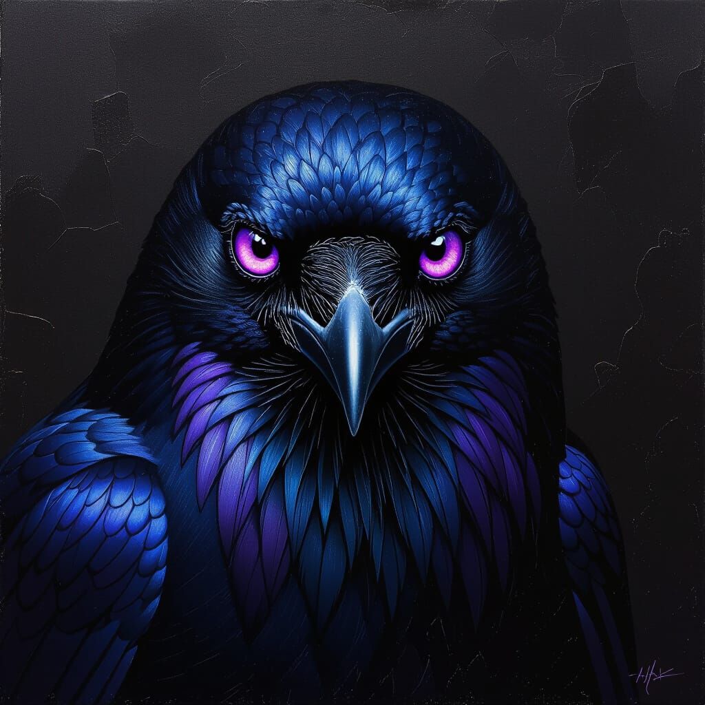 Cunning Crow with Luminous Purple Eyes in Dark Surrealist St...