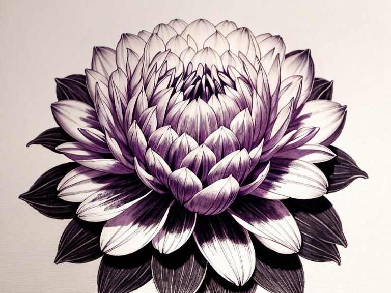 Dahlia 'Cornel' in Full Bloom: Intaglio Illustration