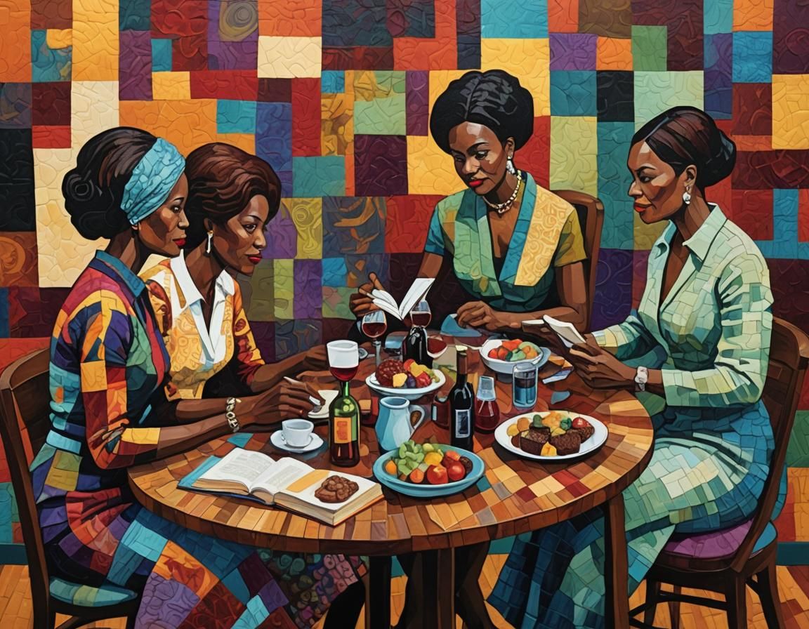 Book Club Scene in Quilted Bisa Butler Style