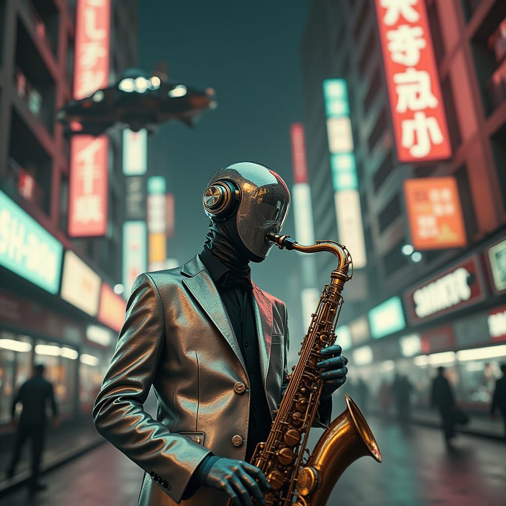 Saxophone Player in Cyberpunk Metropolis