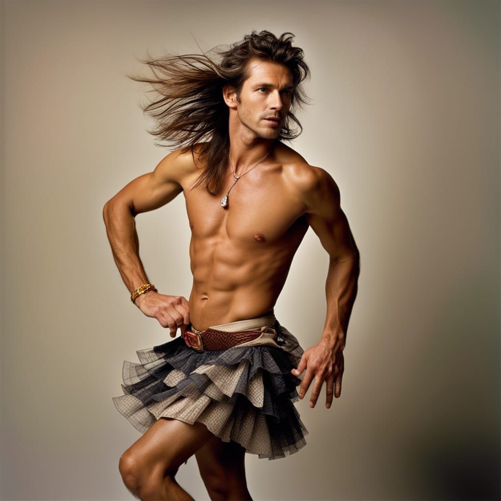 Shirtless Man Mullet in Frilly Skirt: Professional Portrait