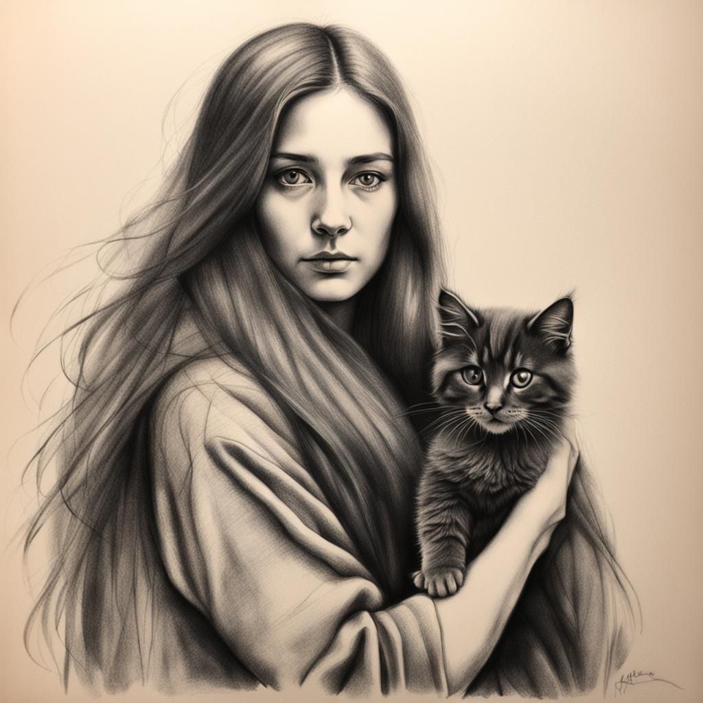 Charcoal drawing of a woman with long hair, with a kitten in...