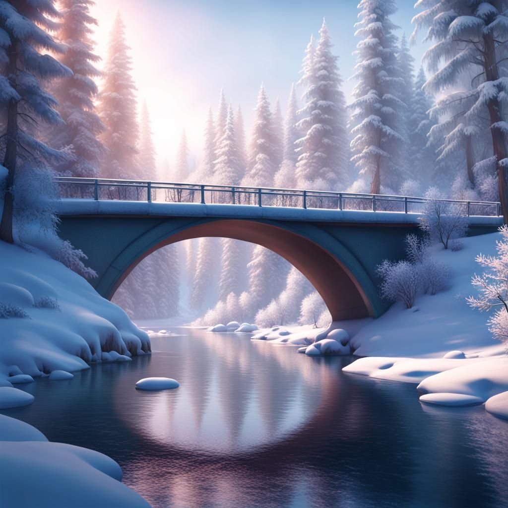 Snowy Bridge and Forest River: 3D Digital Art