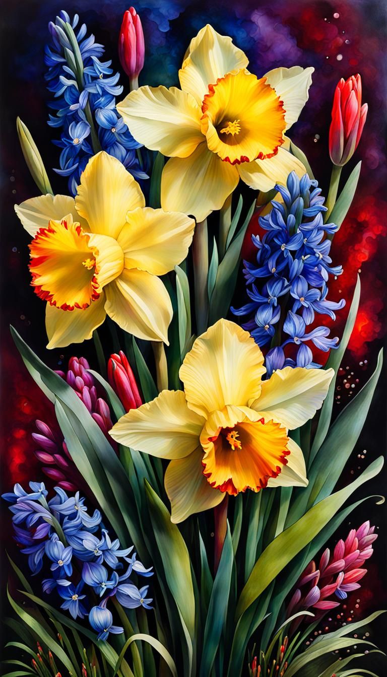 Detailed Alcohol Ink Daffodils and Hyacinths