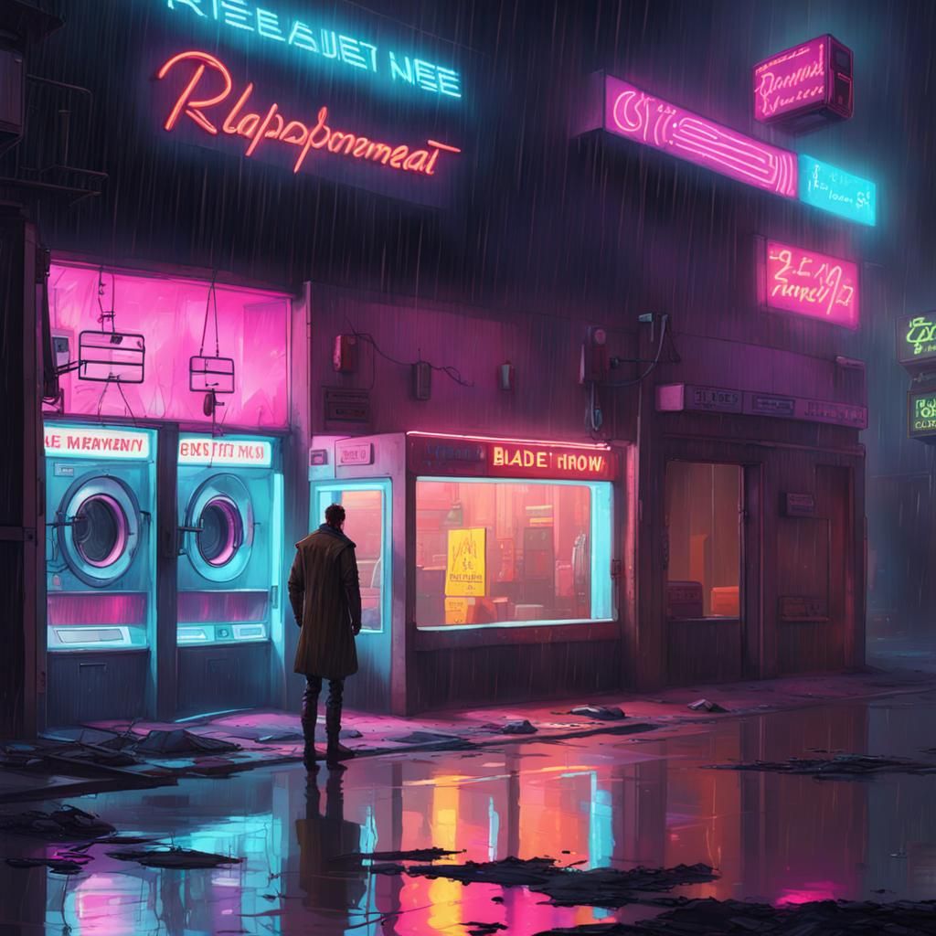 Cyberpunk Laundromat in Rainy Dilapidated Downtown