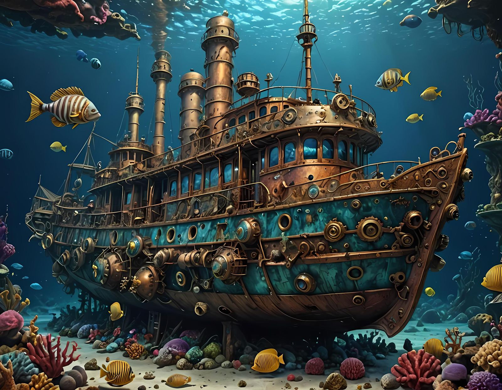 Submerged Steampunk Steamship in Deep Blue Sea