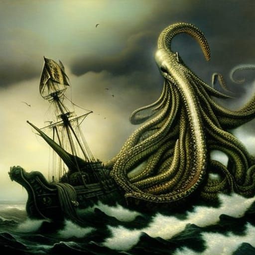 Giant Octopus Boat Attack in Sinister Fantasy Style