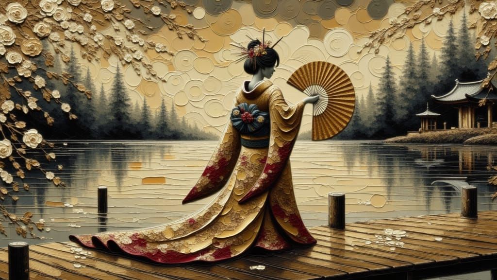 Golden Toilet in Kimono Dancing in Zen Garden