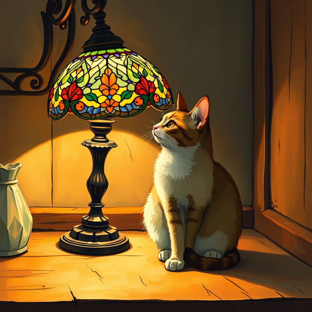 Cat Gazes at Antique Stained Glass Lamp