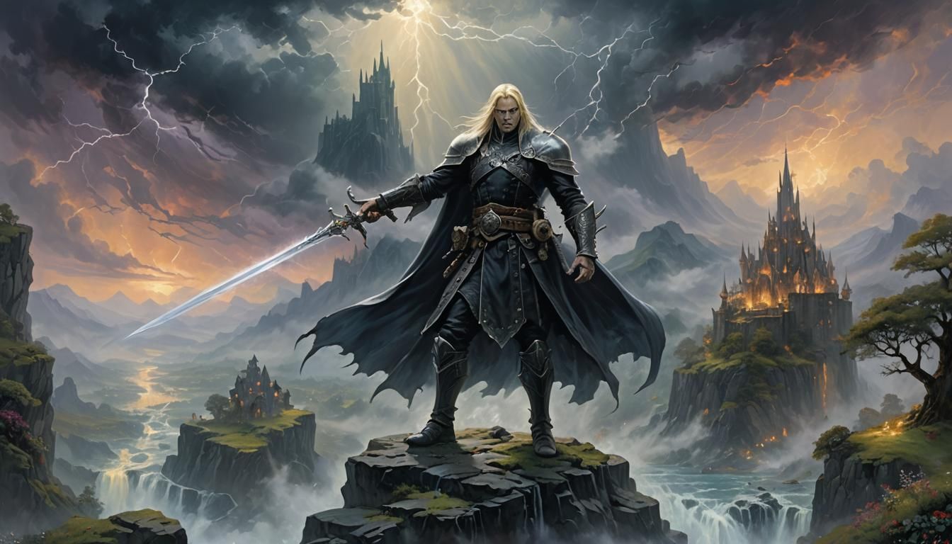 Elric of Melnibone with Stormbringer in Ethereal Mist