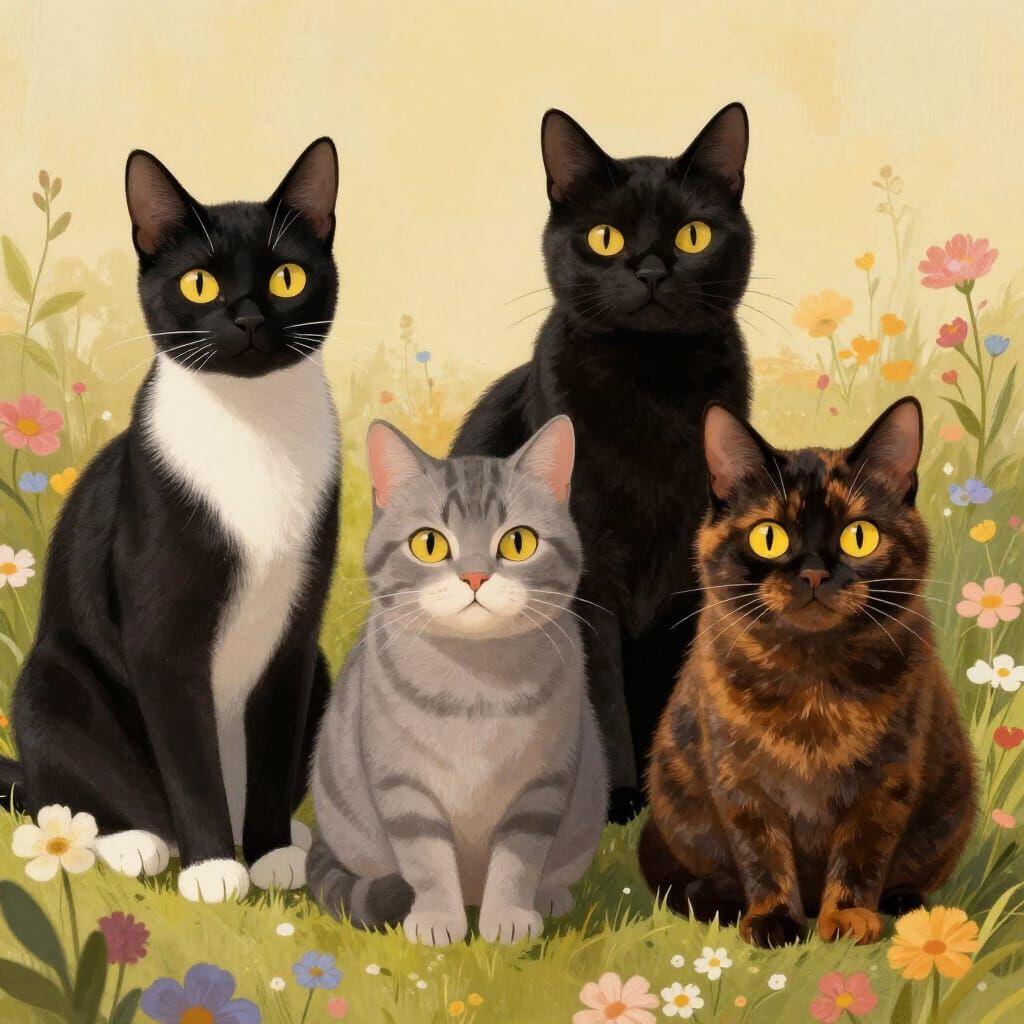 Four Distinct Cats Among Colorful Flowers in Storybook Style