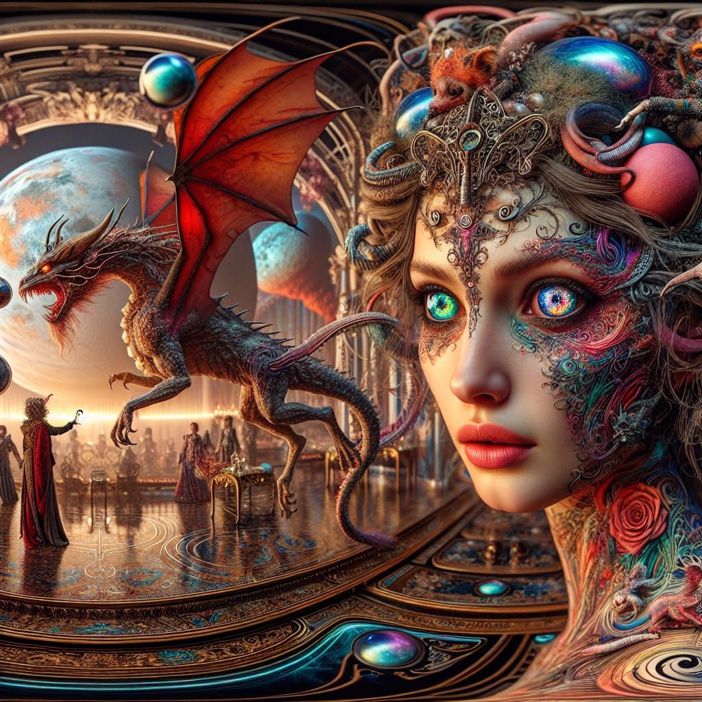 Chimera and Dragon Tattoo Woman on Mars in Rococo Style