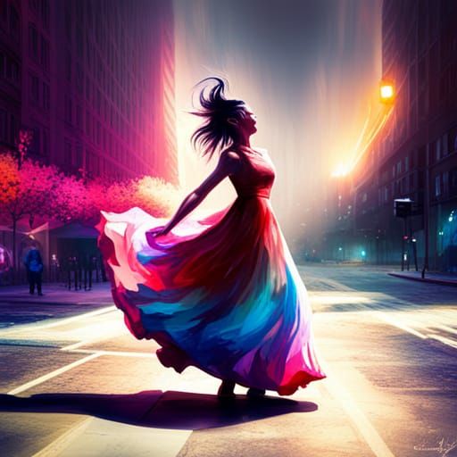 Asian Girl Dances in Spotlight: Graffiti Art Style