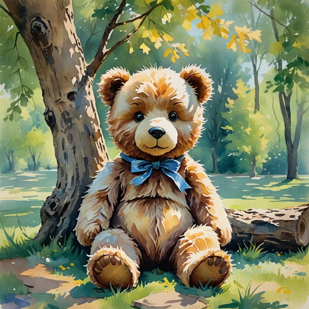 Chibi Teddy Bear in Impressionist Gouache Style