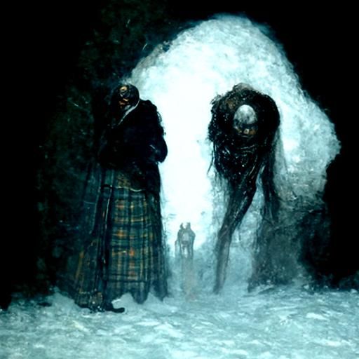 Haunting Faceless Figures in Scotland: Horror Illustration