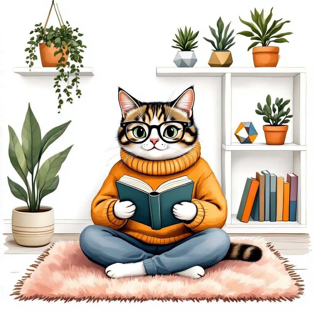 Millennial Cat Reading in Minimalist Style