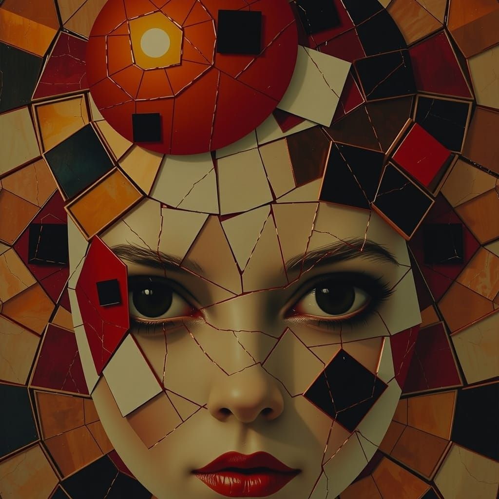 Op Art Geometric Abstraction with Red, Blue, and Gold