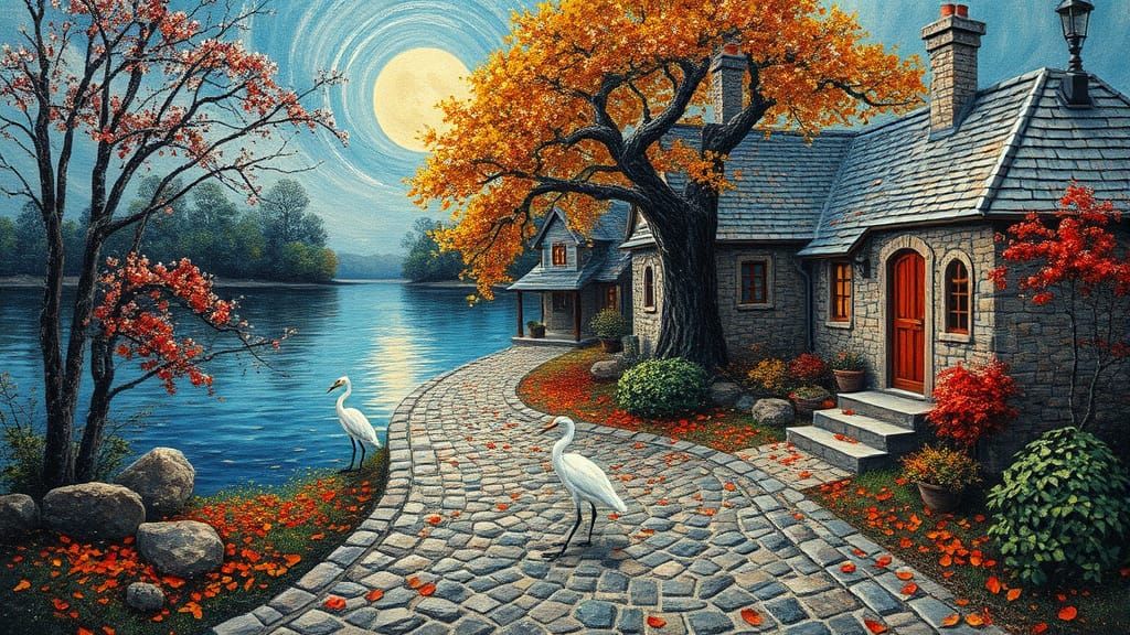 Eerie Stone Cottages in Autumn Moonlight